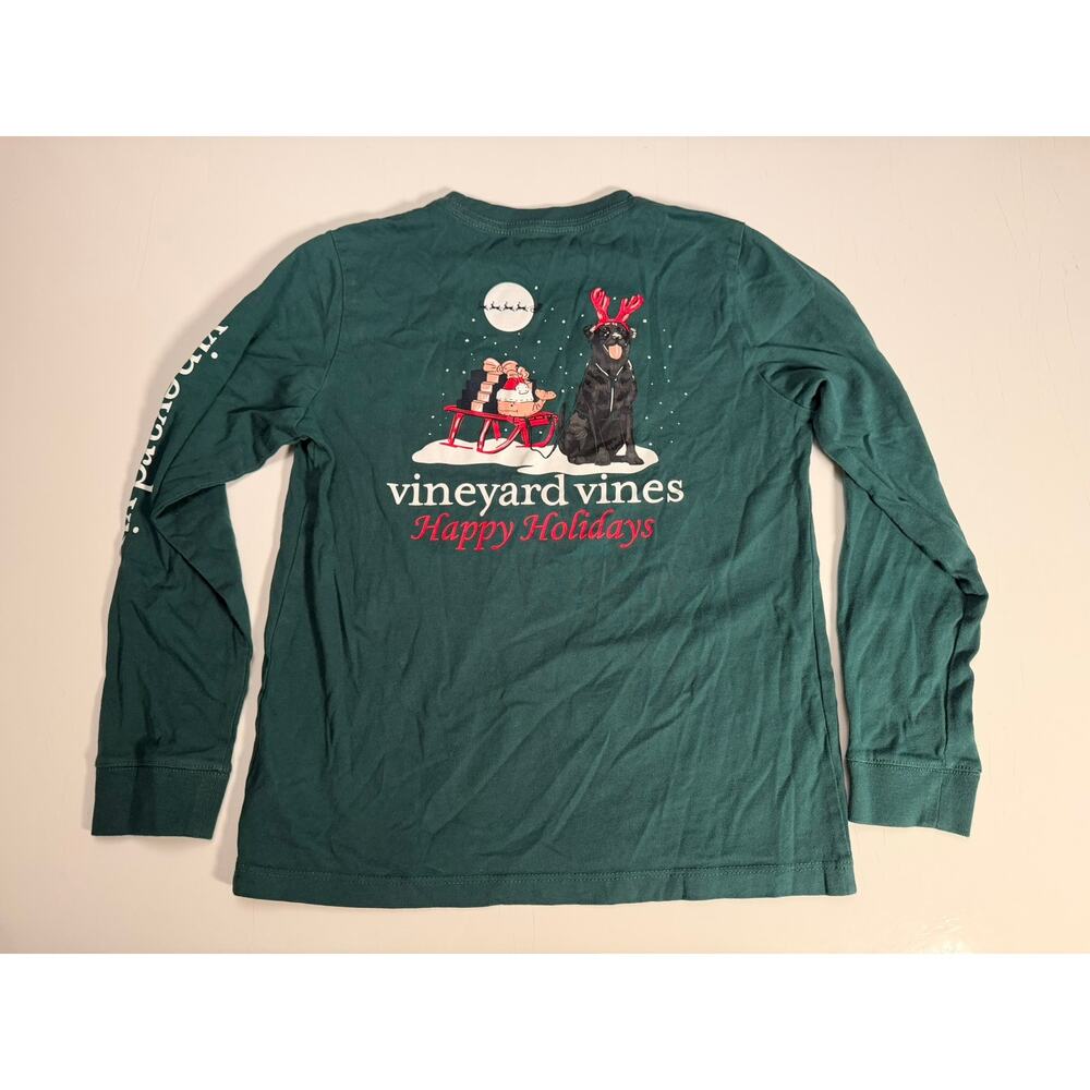 Vineyard Vines Kid's T-Shirt Green W/Black Lab Dog Sleigh Christmas Holiday
